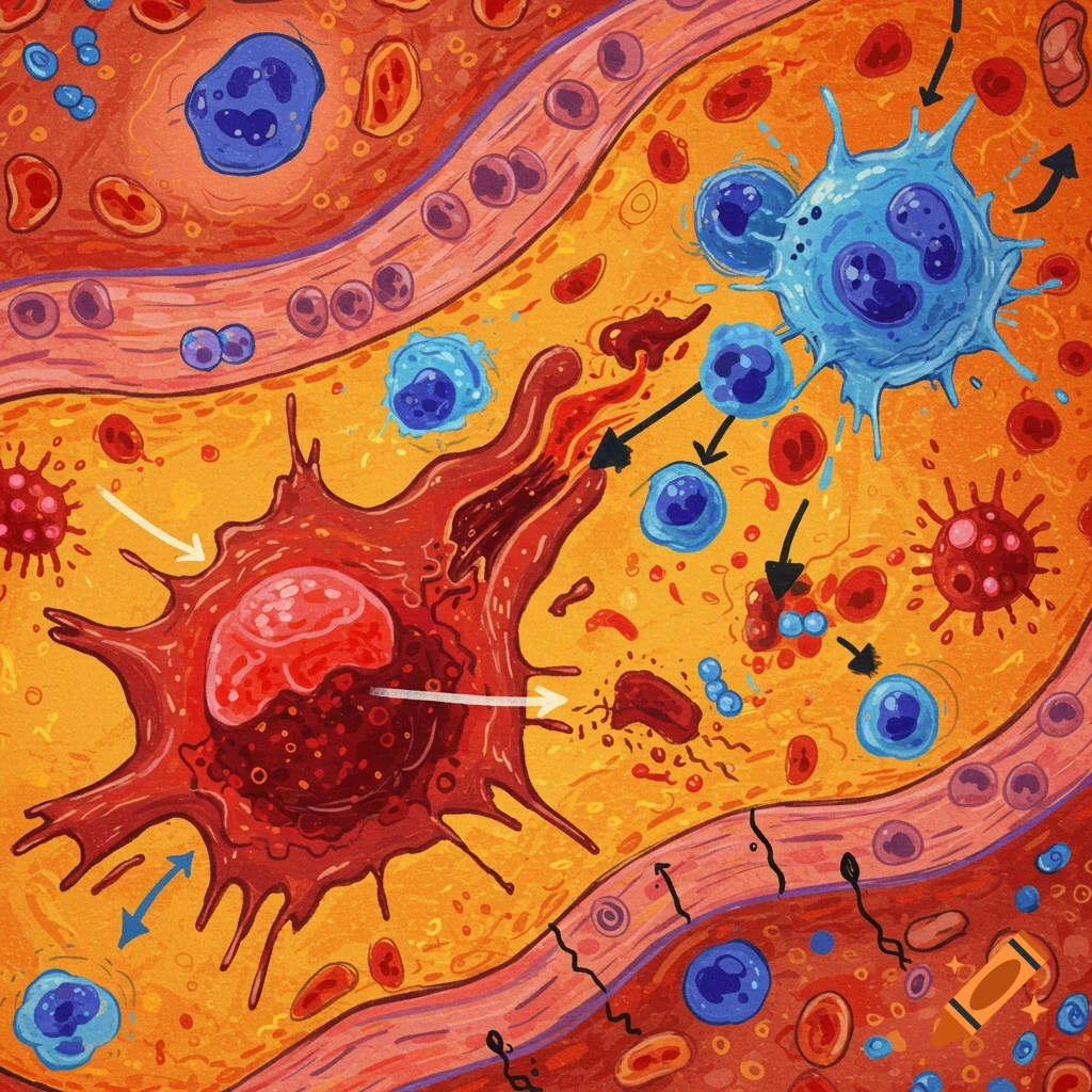 Illustration of the immune system with cells like a macrophage engulfing particles and a lymphocyte attacking.