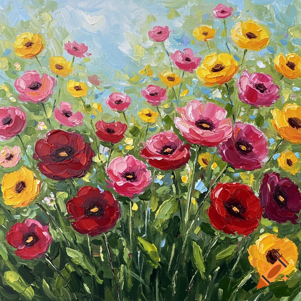 An impressionist acrylic painting of a field of colorful flowers.