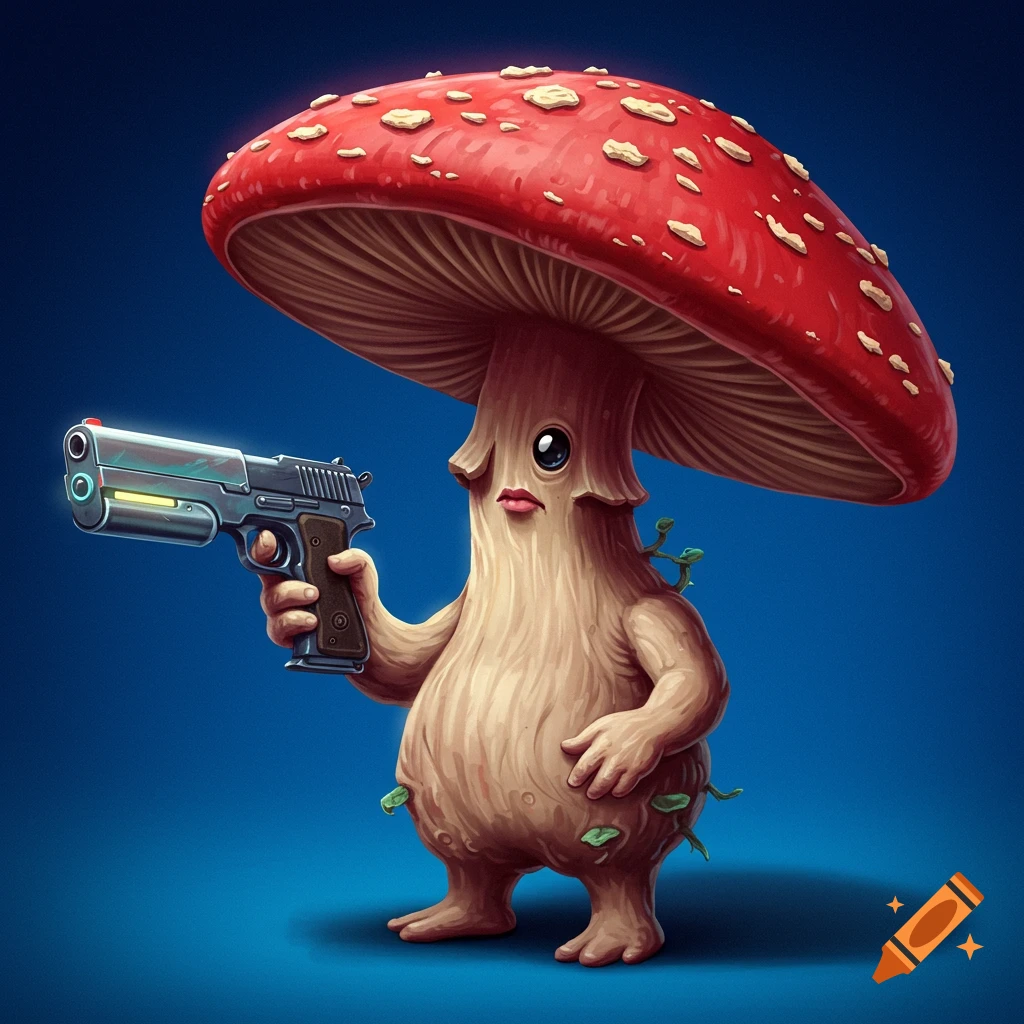A cartoon mushroom character is holding a pistol.