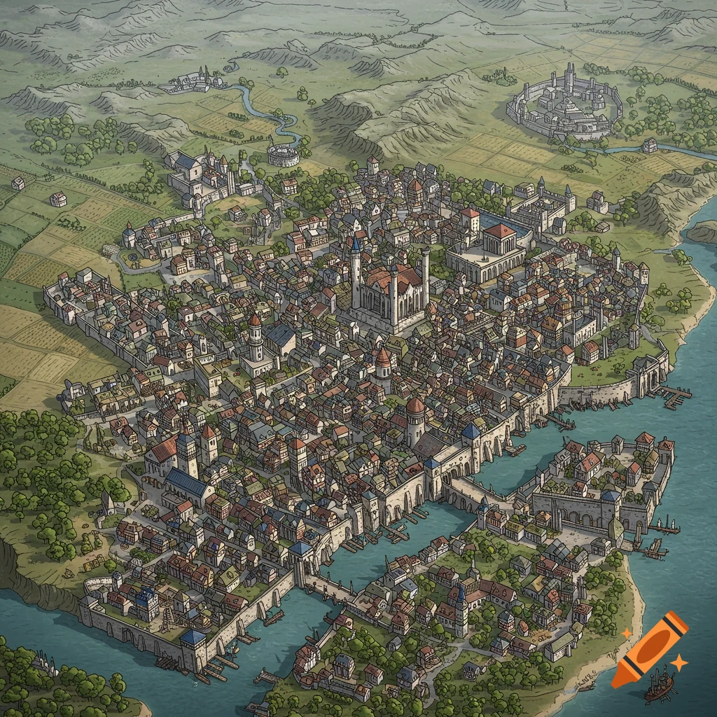 Birdseye view of a fantasy city with river and farms, ink illustration style.