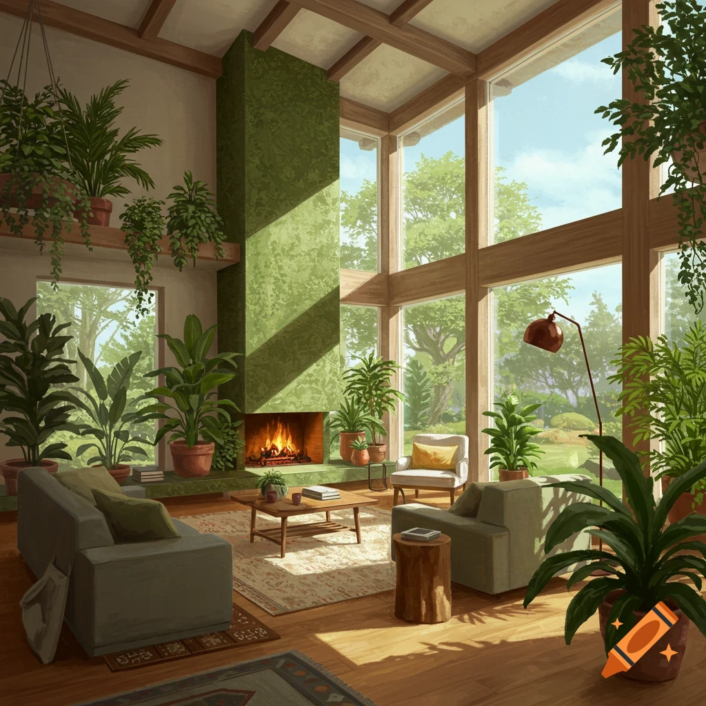 Sunny living room filled with lush plants, featuring large windows, a fireplace, and comfortable furniture.