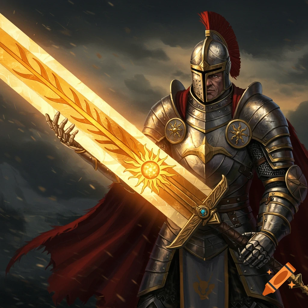 Painting of a knight in armor holding a glowing sun sword.
