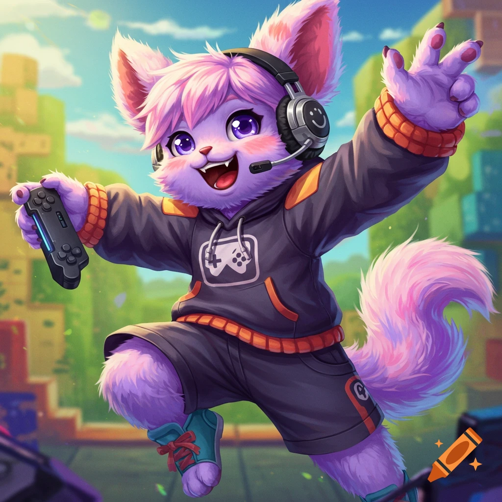 Purple furry character with headphones and controller jumps excitedly.