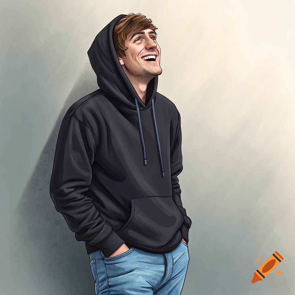 Illustration of a man in a black hoodie and jeans leaning against a wall, looking up and smiling.