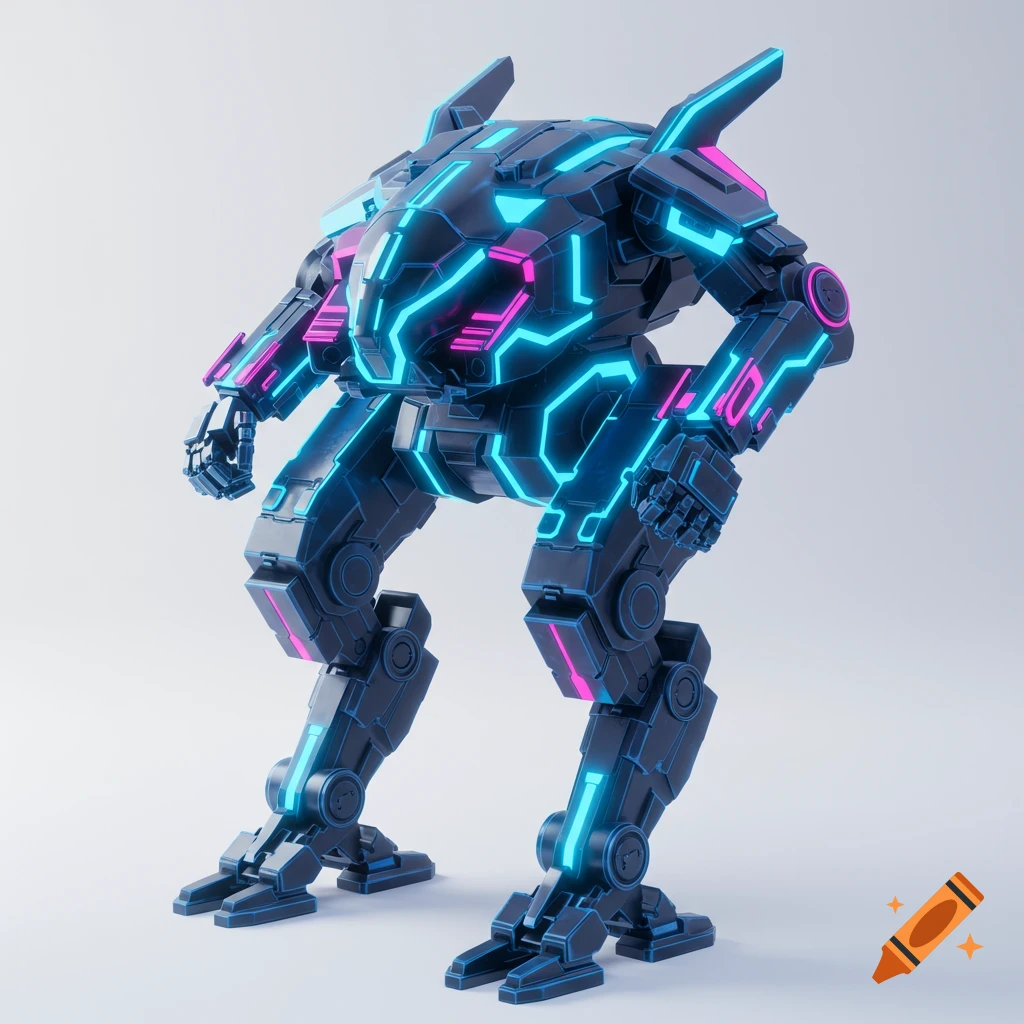Black mech robot with blue and pink neon lights