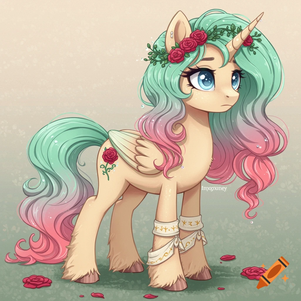 A cartoony unicorn with mint green and pink hair, a flower crown, and rose cutie mark.