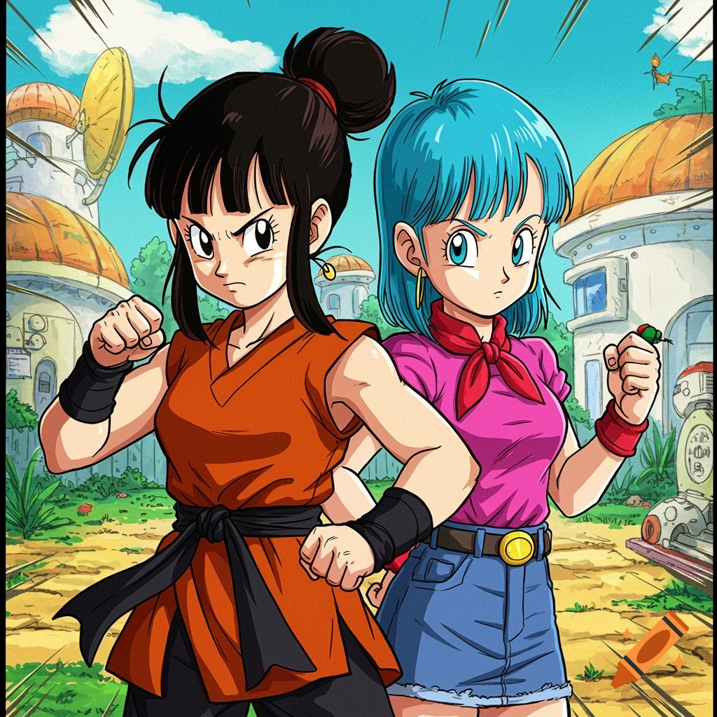 Anime illustration of Chichi and Bulma standing ready in a Dragon Ball-style landscape.