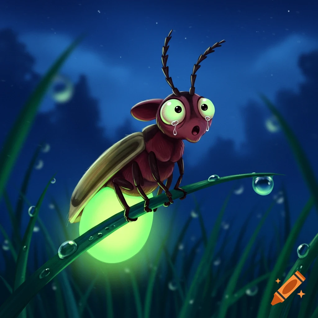 Cartoon firefly sitting on a blade of grass at night, crying and glowing