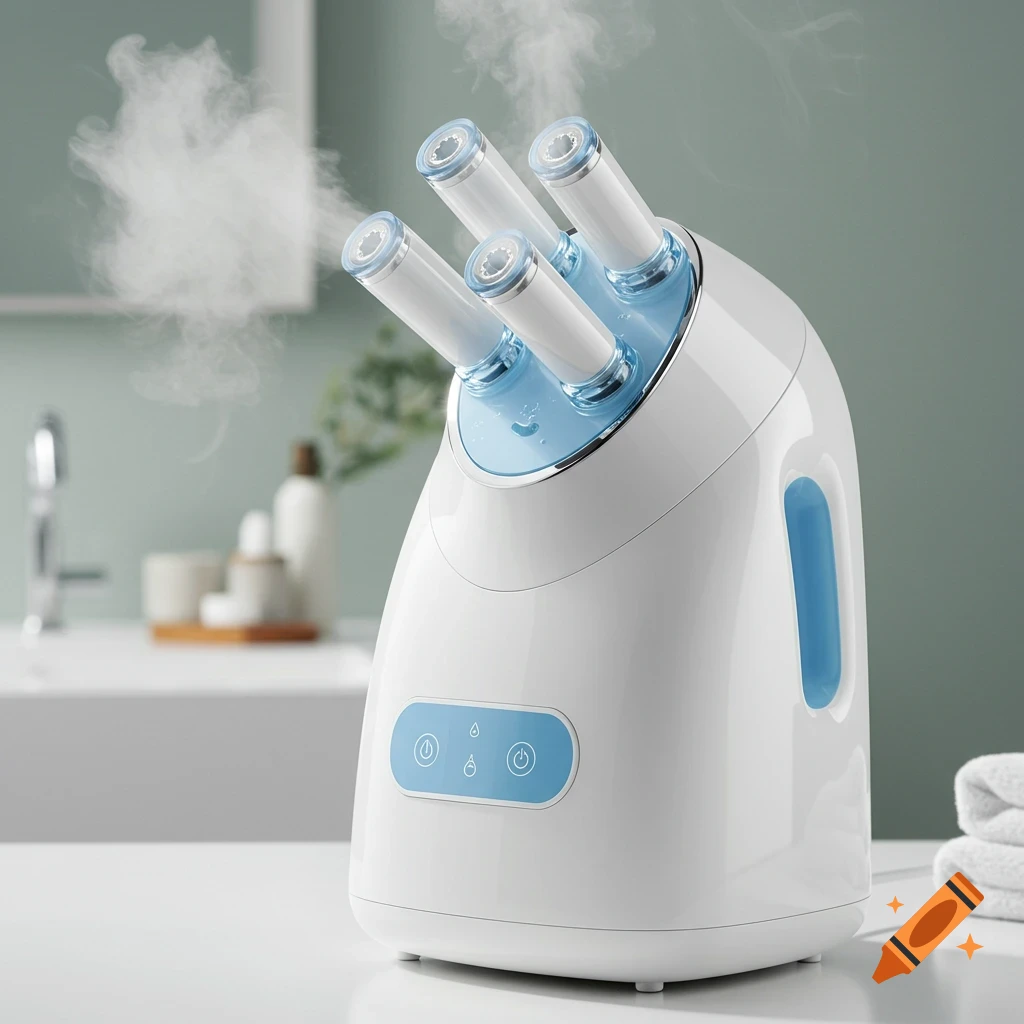 A white and blue skincare steamer with four nozzles emits steam on a counter with towels.