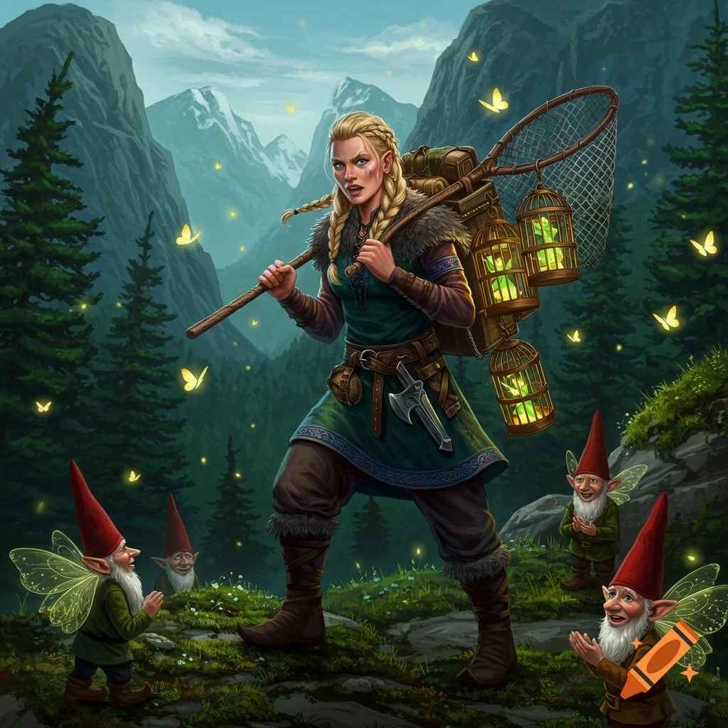 A fantasy character with braids carries a net and glowing cages through a forest with gnomes and butterflies.