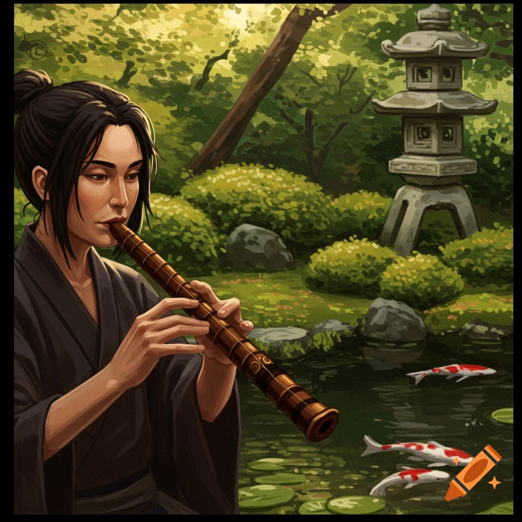 A person plays a shakuhachi flute in a Japanese garden with koi fish.
