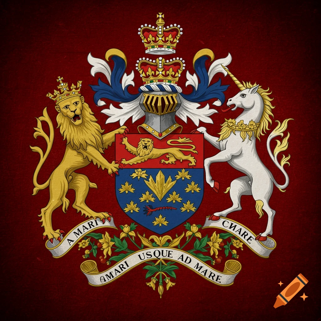 The Canadian Coat of Arms with lion, unicorn, shield, and banners.