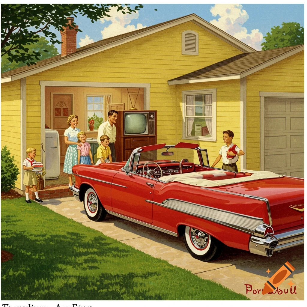 1950s illustration of a family by a red classic car in front of a yellow suburban house.