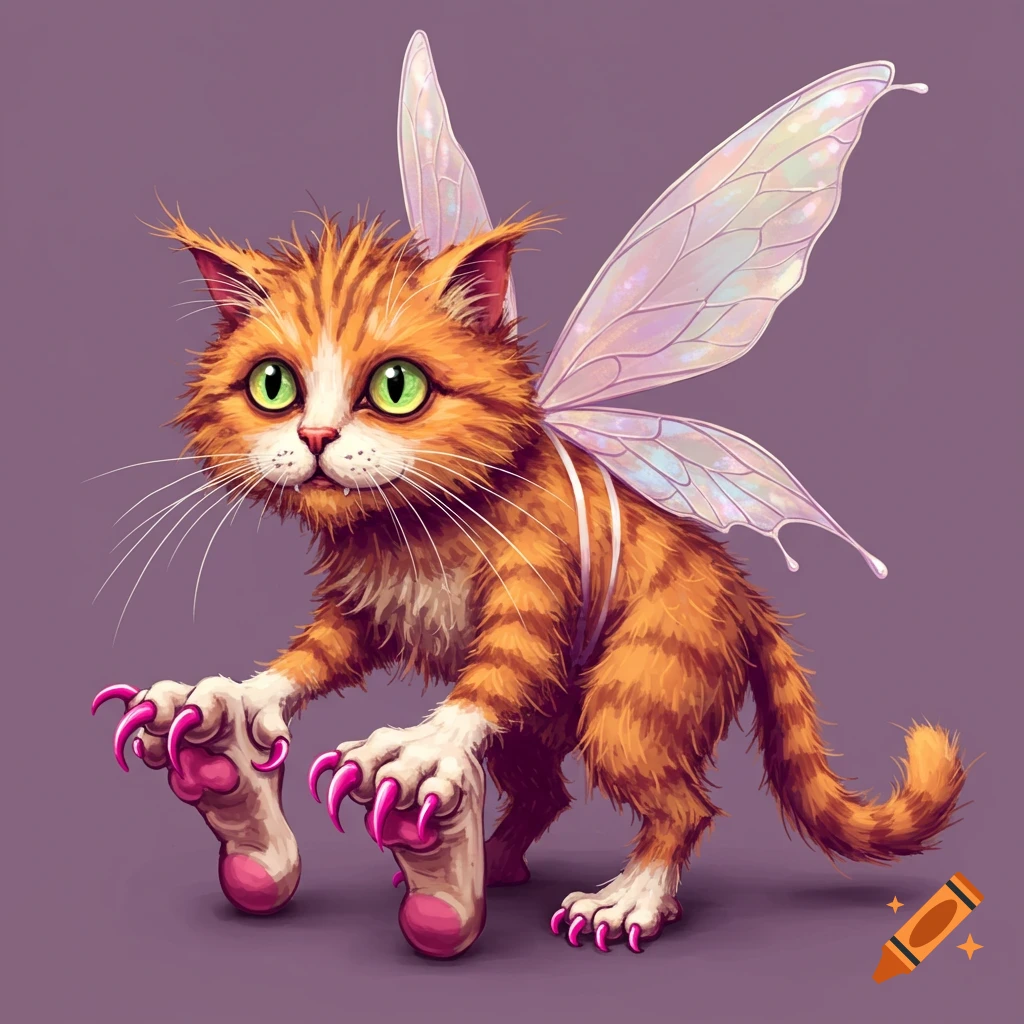 An orange tabby cat with fairy wings, large human feet, and long pink claws on a purple background.