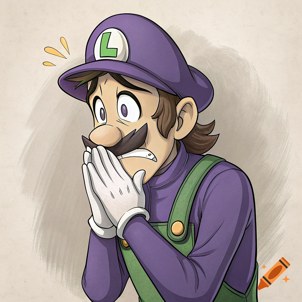 Cartoon illustration of Luigi looking embarrassed or surprised, covering his mouth with his hands.