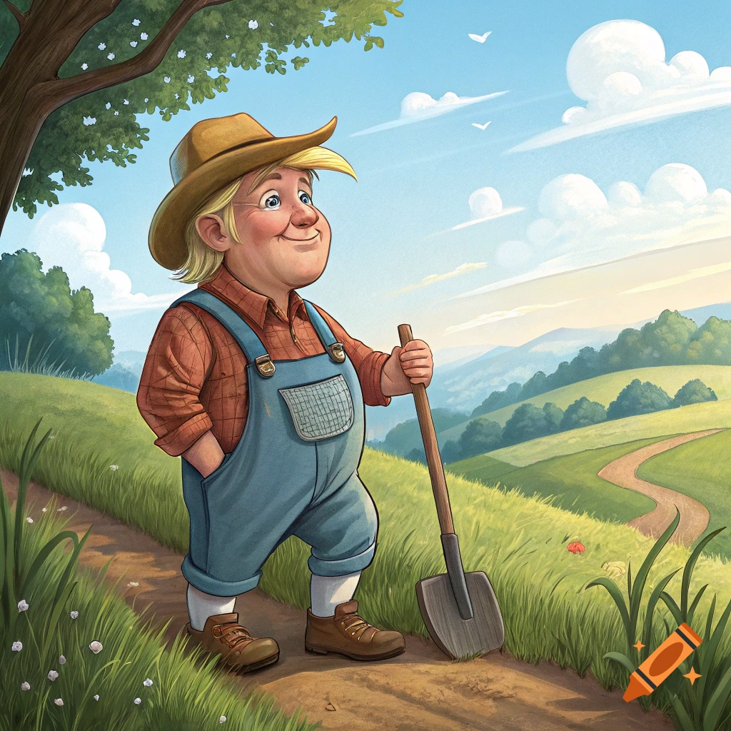Illustration of a happy farmer holding a shovel in a sunny field.