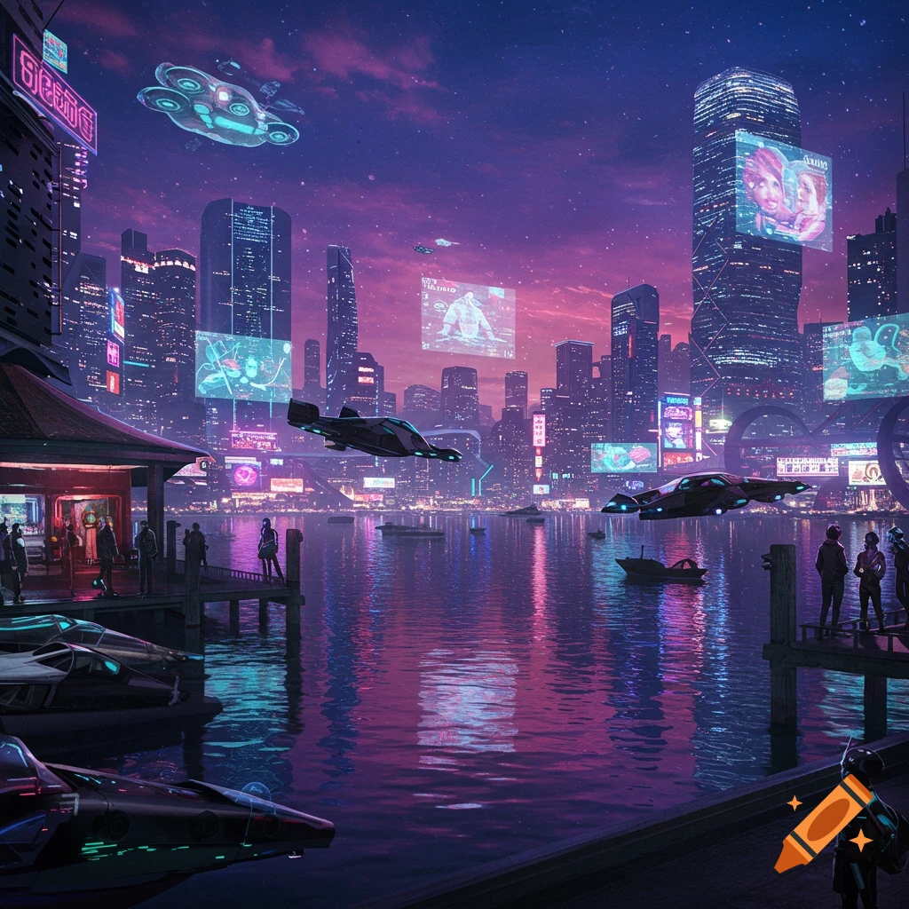 A futuristic bay city at night is bustling with activity, illuminated by vibrant neon signs and the glow of flying vehicles soaring through the air. Along the water's edge, people gather, taking in the lively atmosphere of this urban landscape.
