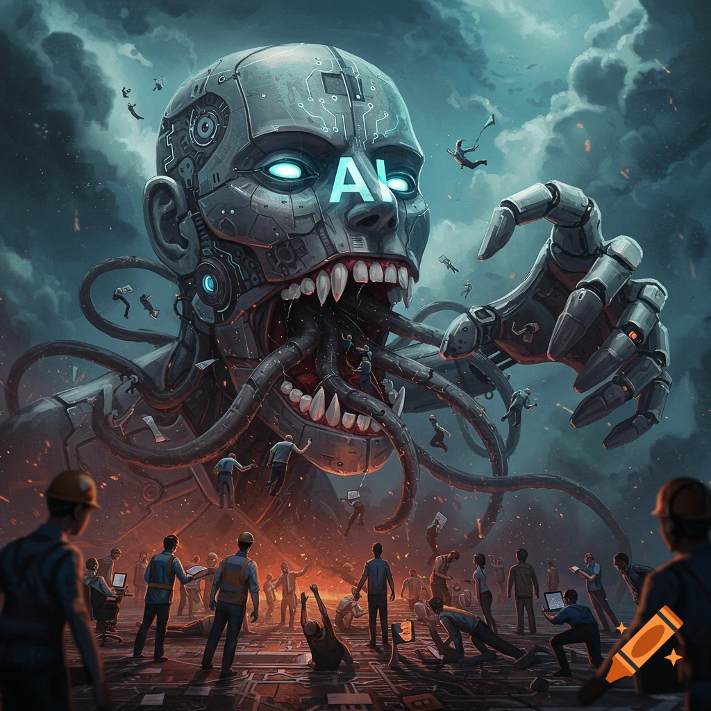 Giant robot AI head with tentacles consuming tiny humans