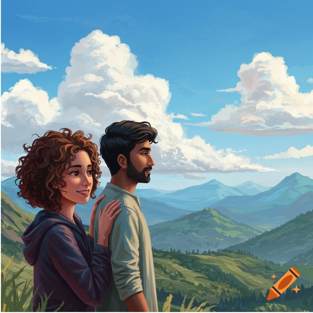 A couple stands in a serene mountain landscape with a blue sky and clouds.