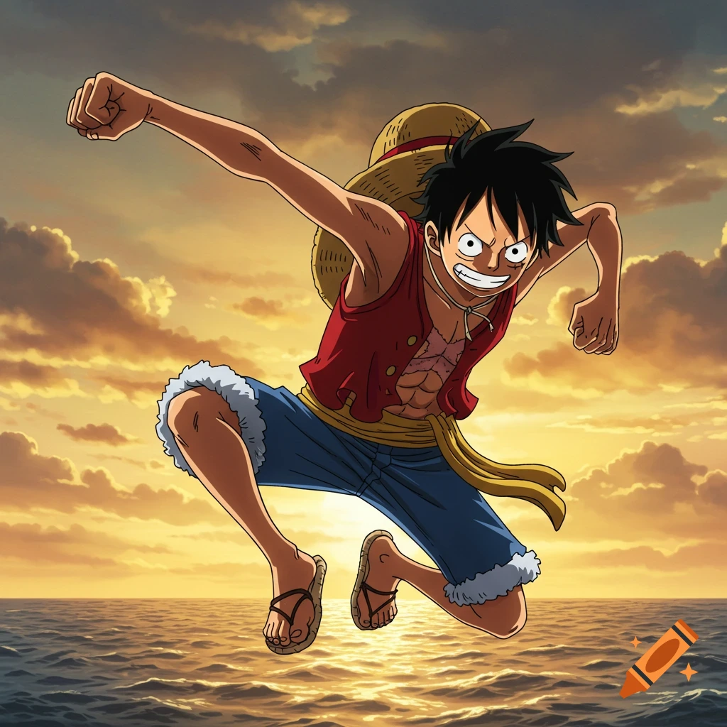 Luffy from One Piece jumping over the ocean against a sunset sky in an anime style.