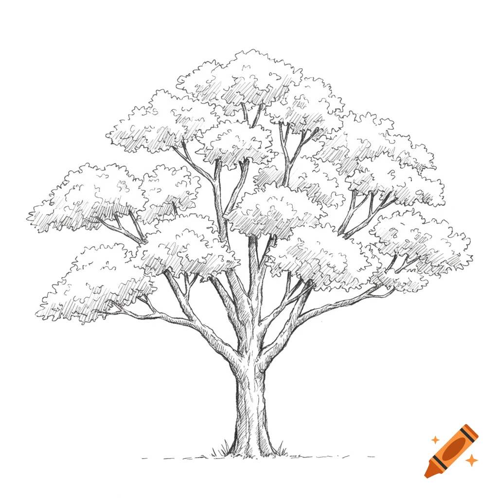 A detailed pencil sketch of a full, simple tree with many branches and leaves.