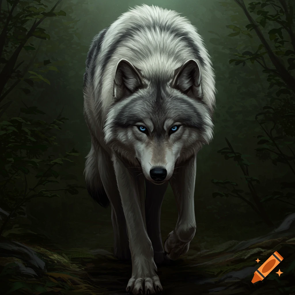 A fierce wolf with blue eyes walking forward in a dark forest.