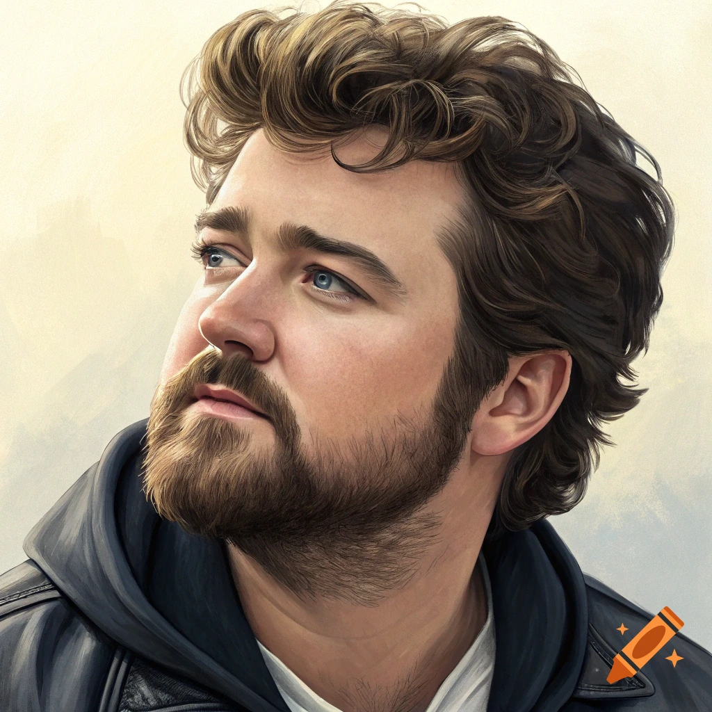 A man with blue eyes and a beard wearing a black jacket, looking up and left.