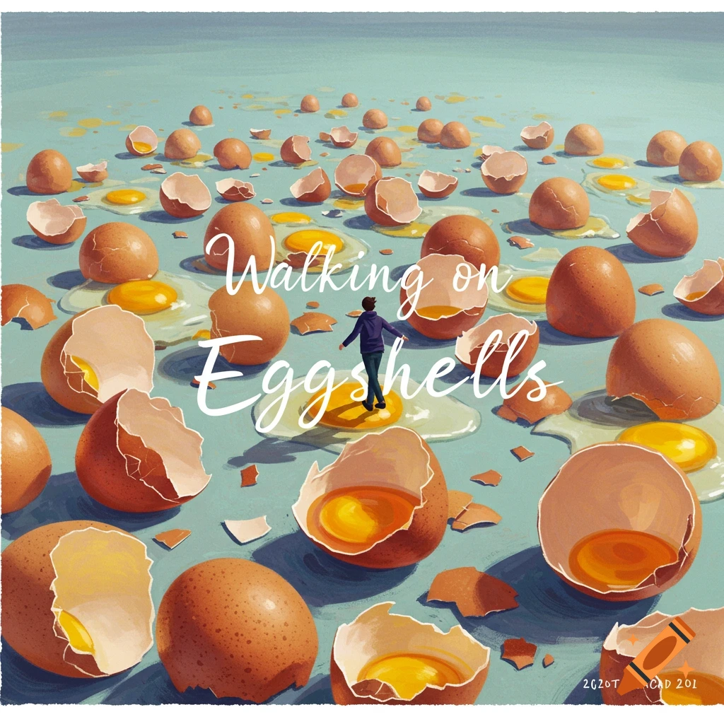 A person is walking on broken eggshells and yolks. The text 'Walking on Eggshells' is included.