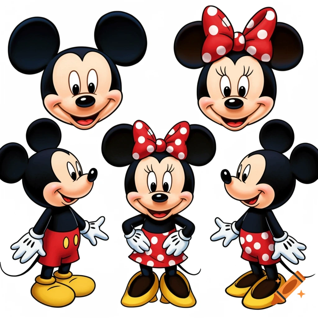 Multiple classic Mickey and Minnie Mouse cartoon characters on a white background.