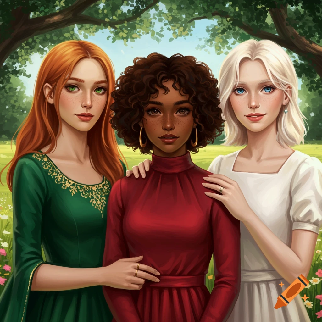 Image of three women with red, brown, and blonde hair standing together in a park.