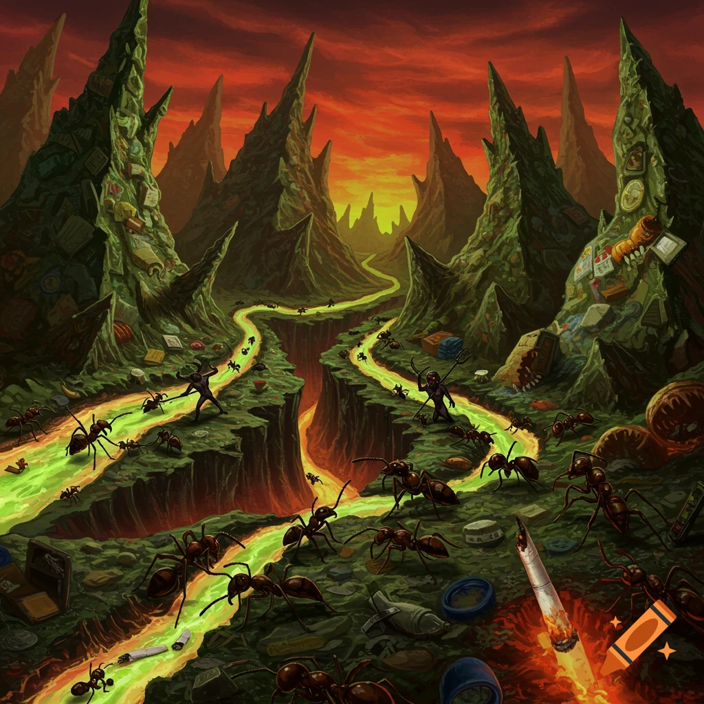 A fantasy hellscape for ants, featuring jagged refuse structures, molten plastic rivers, and demonic figures tormenting ants.