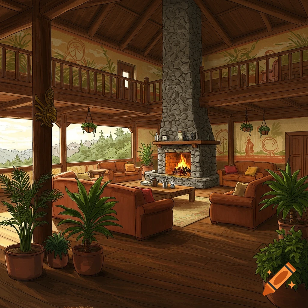 Interior view of a cozy cabin living room with a large stone fireplace, couches, plants, and large windows overlooking a forest and mountains.