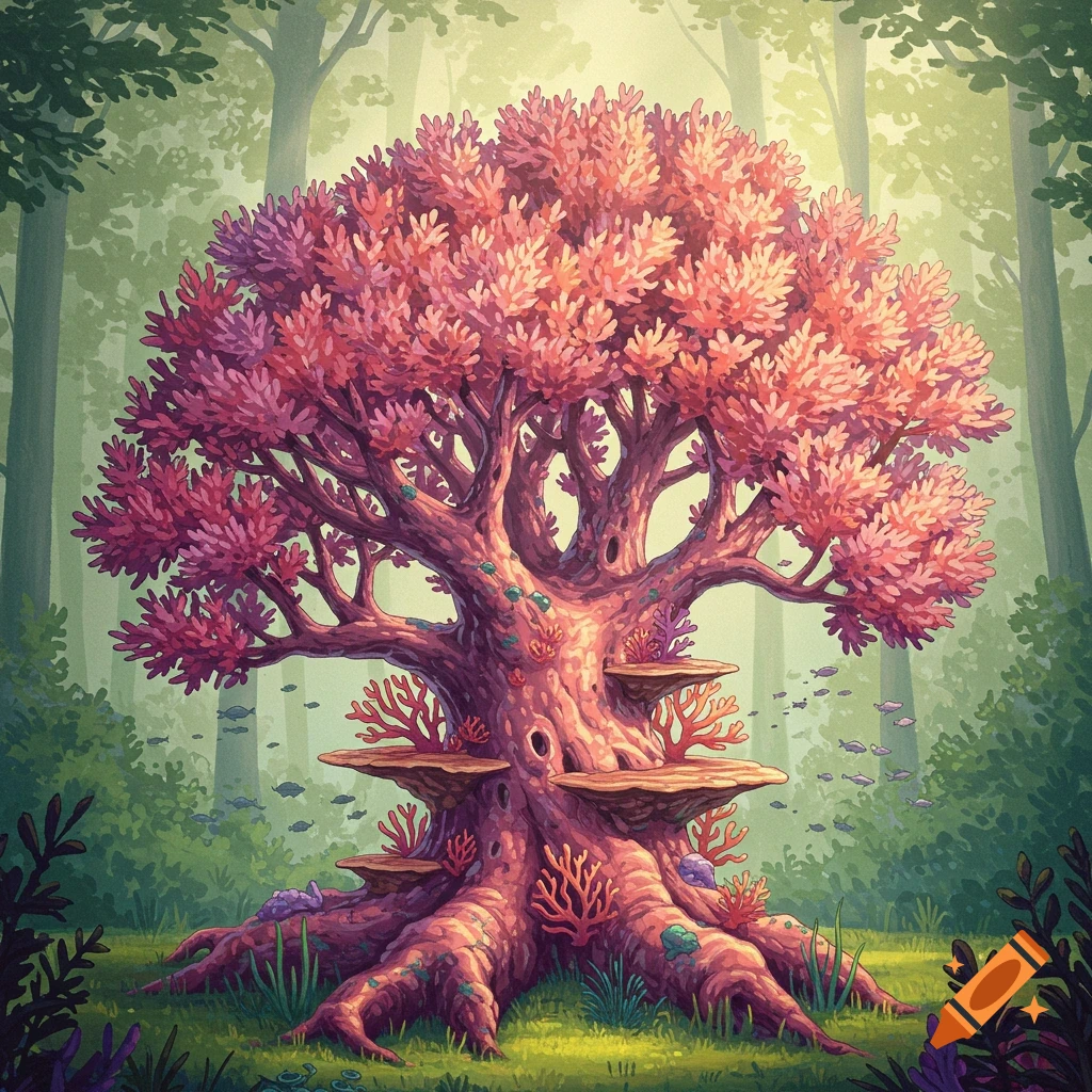 A surreal tree that looks like coral in a forest.