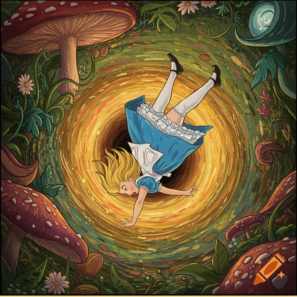 Alice falling down a swirling rabbit hole in a vintage illustration style.