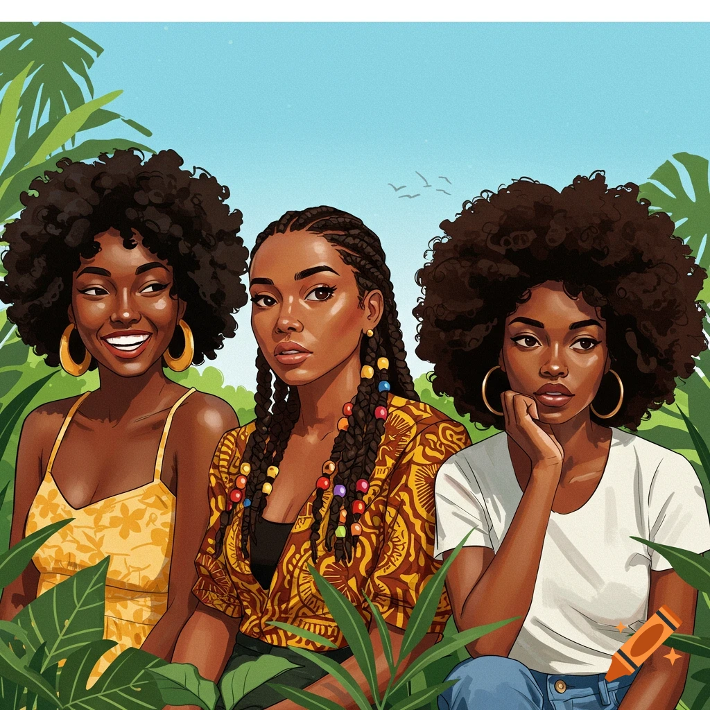 Three Black women outdoors surrounded by large green leaves.