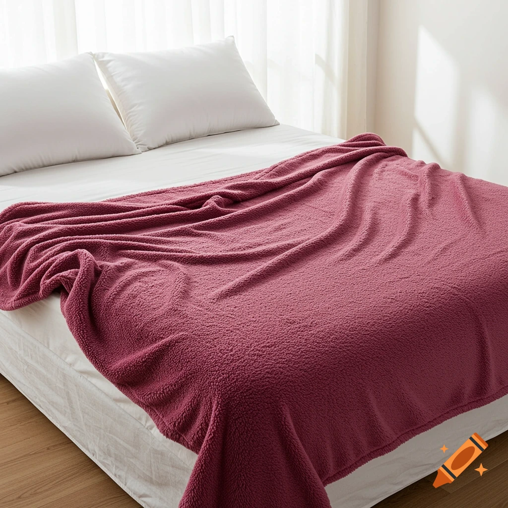 A dark pink textured blanket draped over a bed with white sheets.