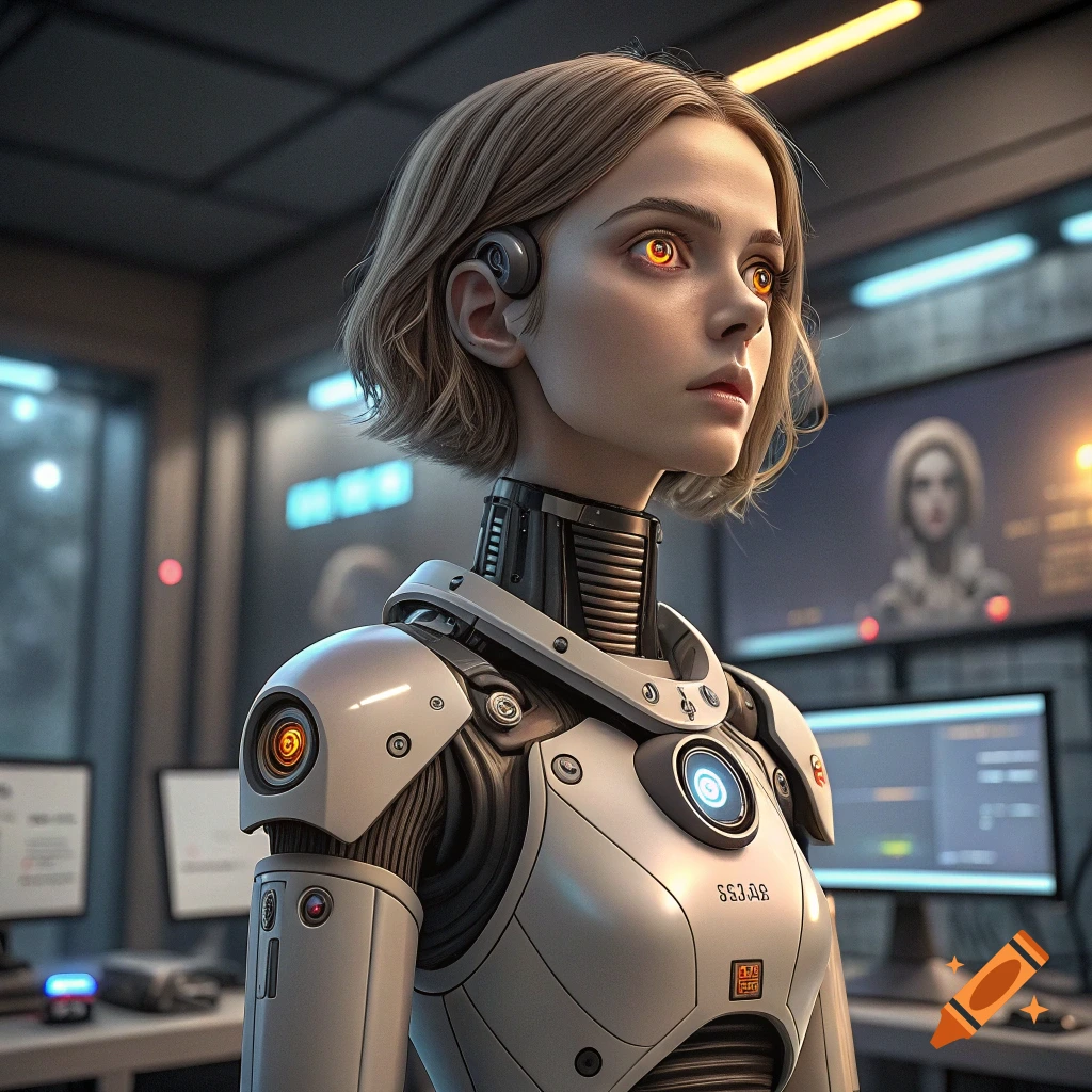 Portrait of a female cyborg with glowing eyes in a futuristic lab