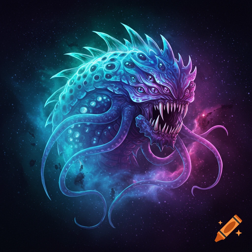 A vibrant blue and purple monster with many eyes and tentacles floats in space.