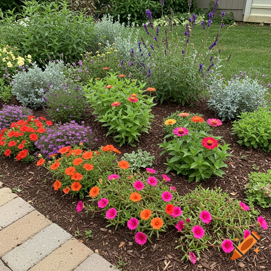 A colorful garden bed features bright pink, orange, and red flowers, green foliage, and a stone border.