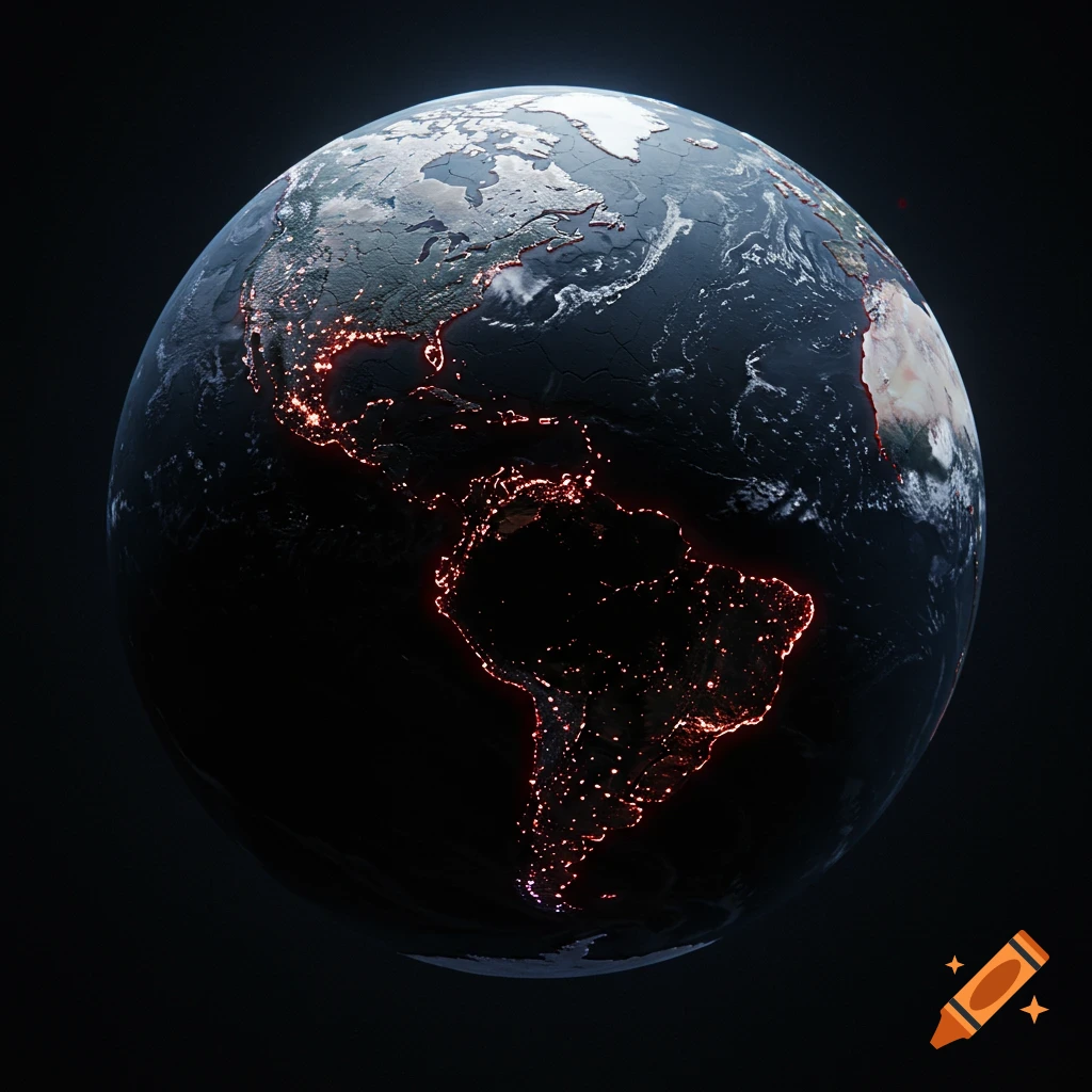 A dark, stylized globe of Earth showing glowing red city lights outlining continents like North and South America.