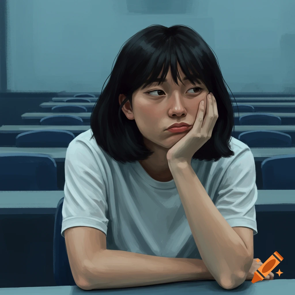 A bored student is resting their face on their hand in a classroom.