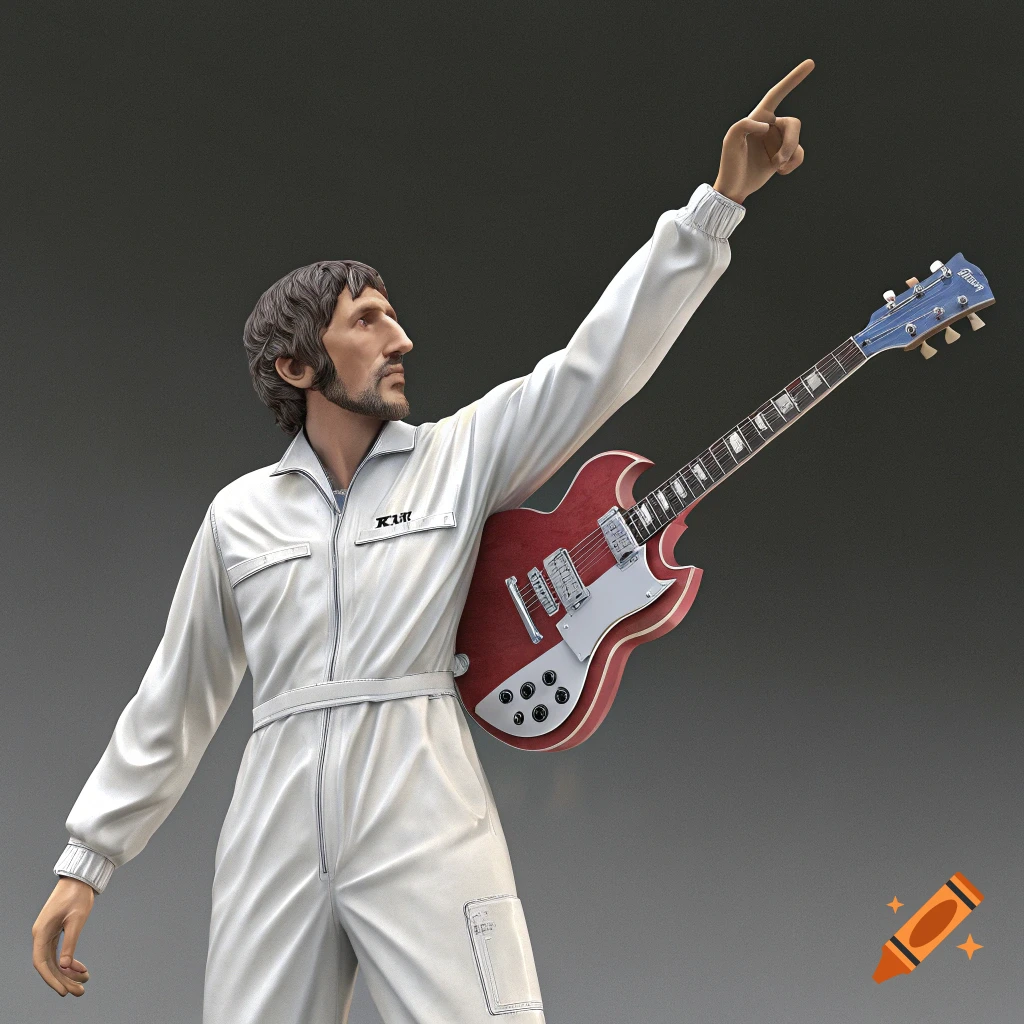 Action figure of Pete Townshend in white suit with smashed red guitar, pointing up.