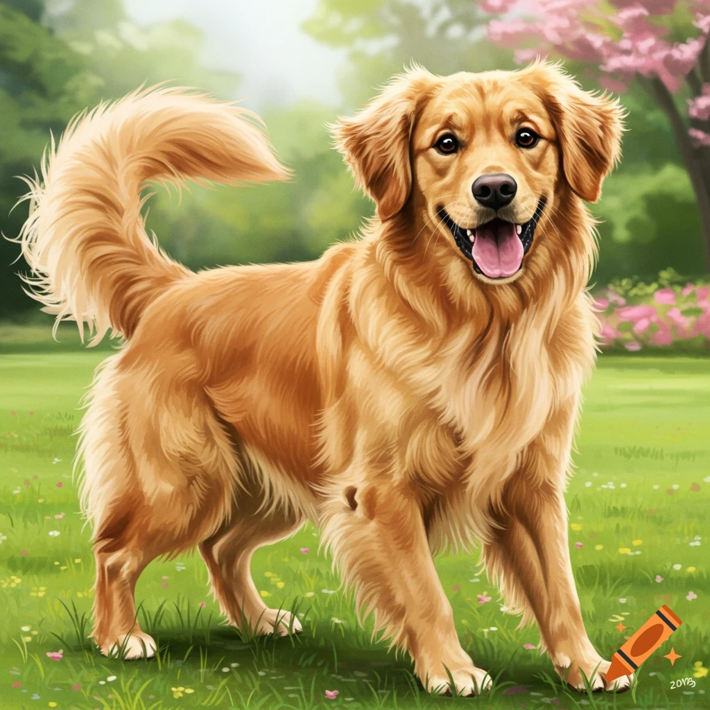 A happy Golden Retriever dog standing in a grassy field.