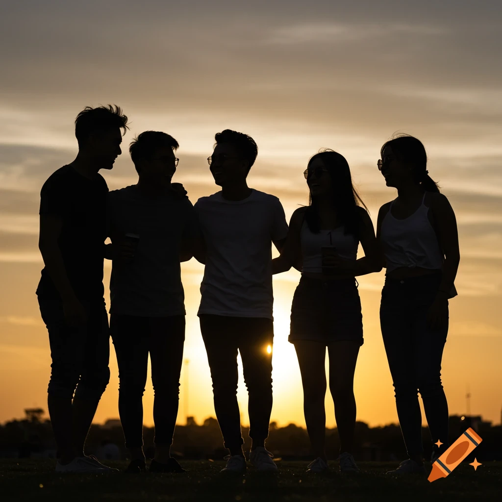 Silhouettes of five friends standing together against a vibrant sunset sky.