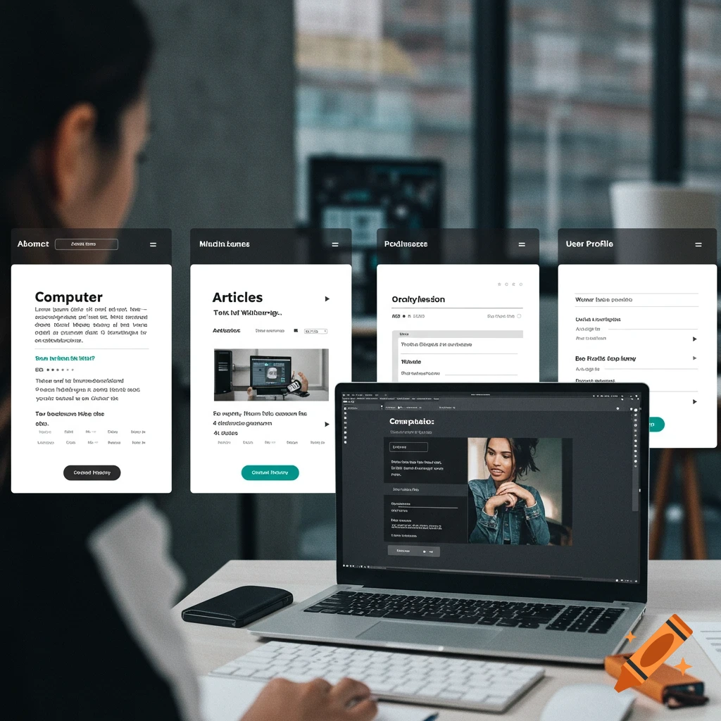 Person working on a laptop displaying website mockups with various tabs.