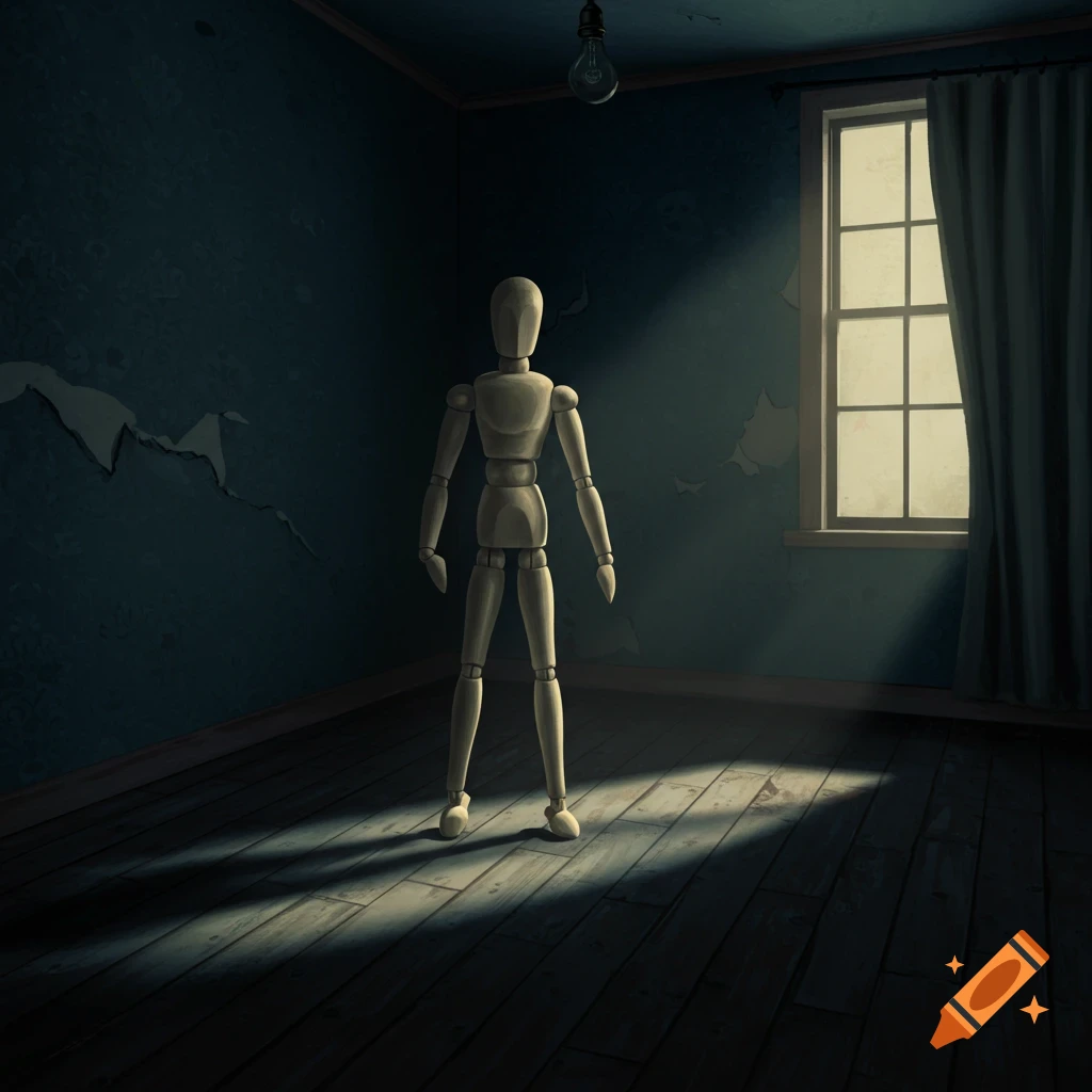 A wooden mannequin stands in a dark room with light streaming through a window.