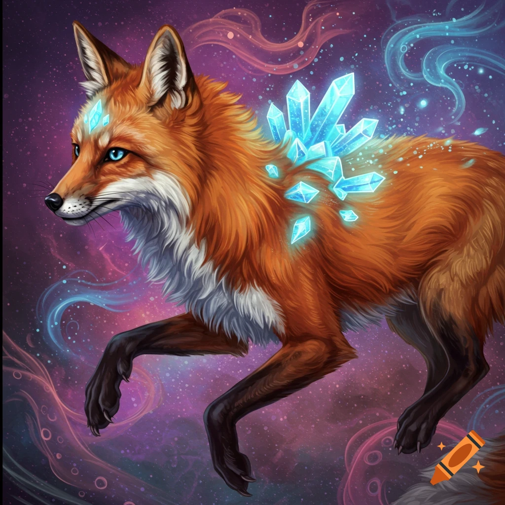 A magical orange fox with glowing blue crystals on its back, set against a vibrant space background.