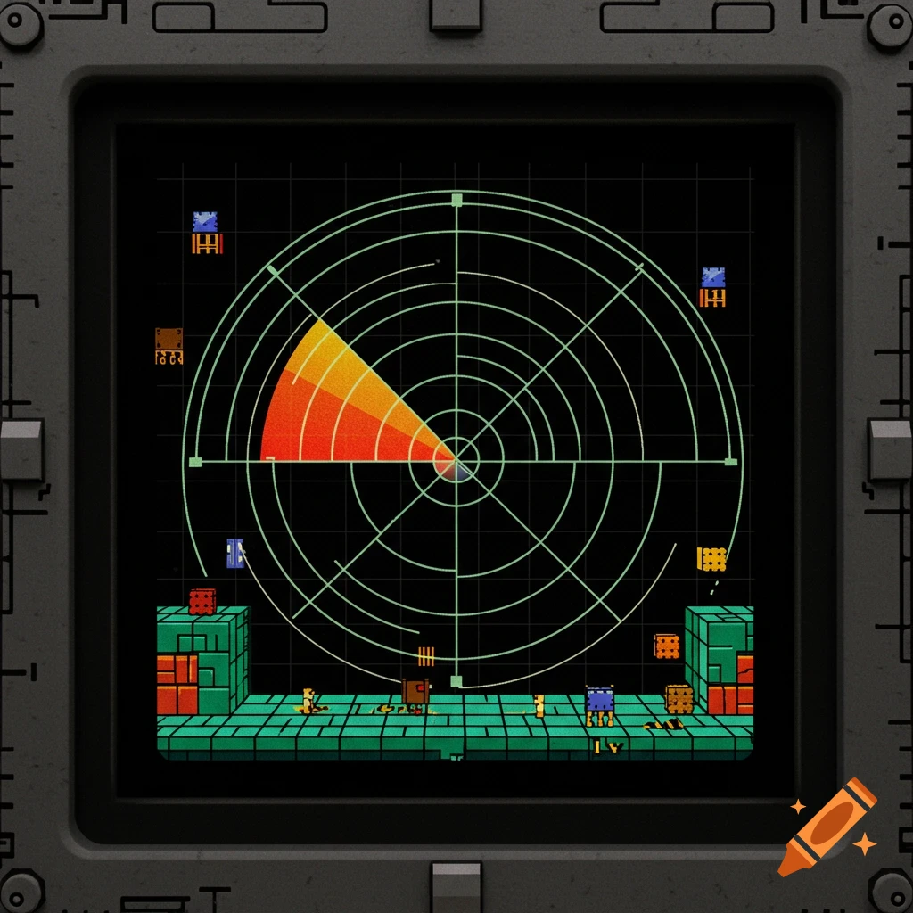 8-bit style radar screen displaying a scan and pixelated figures on a grid.