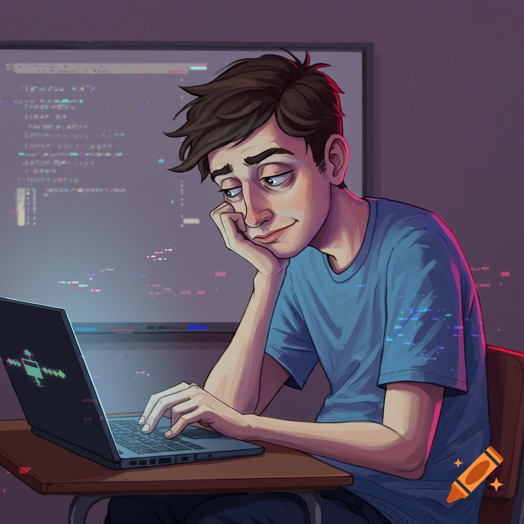 Illustration of a tired student sitting at a desk with a laptop in front of a screen displaying code.