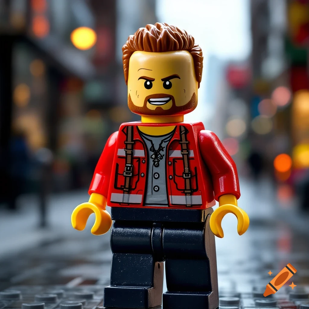 Close-up photo of a Lego minifigure with beard and red jacket standing on a wet street.